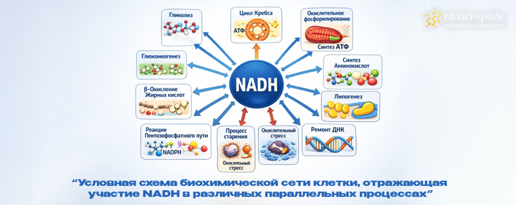 Условная схема биохимической сети клетки, отражающая участие NADH в различных параллельных процессах. .png Условная схема биохимической сети клетки, отражающая участие NADH в различных параллельных процессах. .png