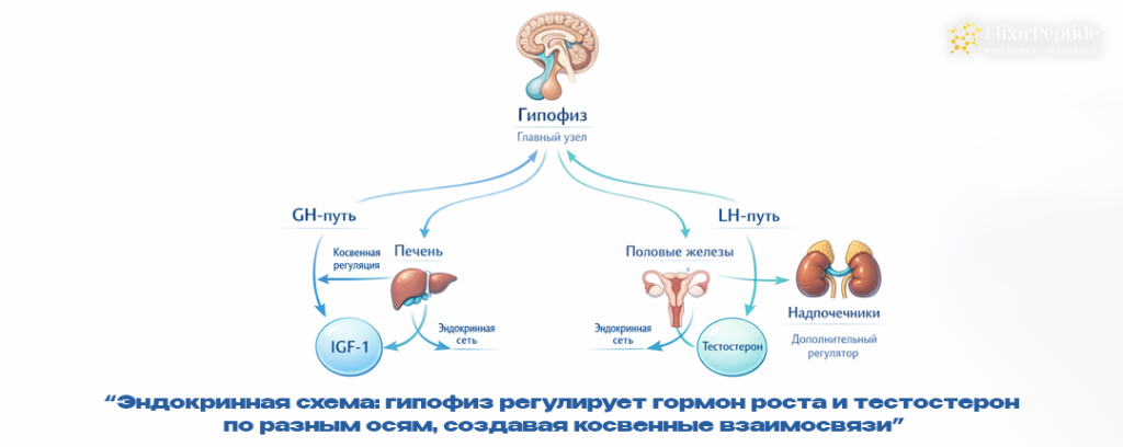 Эндокринная схема- гипофиз регулирует гормон роста и тестостерон по разным осям создавая косвенные взаимосвязи.png Эндокринная схема- гипофиз регулирует гормон роста и тестостерон по разным осям создавая косвенные взаимосвязи.png