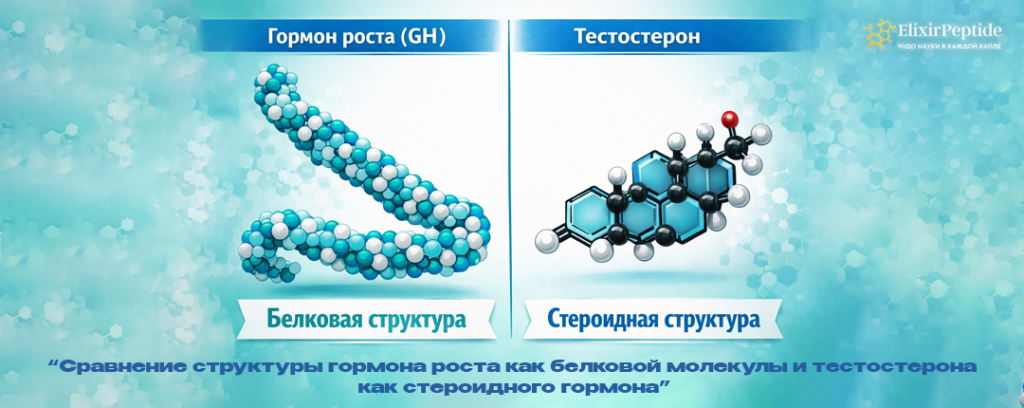 Сравнение структуры гормона роста как белковой молекулы и тестостерона как стероидного гормона.png Сравнение структуры гормона роста как белковой молекулы и тестостерона как стероидного гормона.png