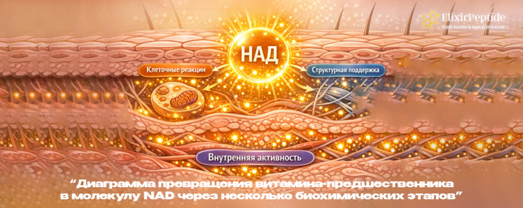  Диаграмма превращения витамина-предшественника в молекулу NAD через несколько биохимических этапов. .png